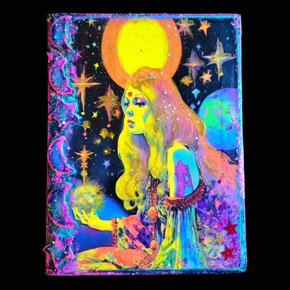 Journal Glowing Goddess Mystical Lined Composition Style Sparkly Mixed Media Art - Picture 2 of 8